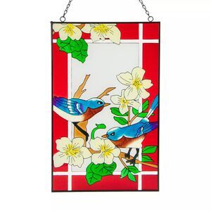 Bluebirds and Apple Blossoms Glass Hanging Suncatcher 16" x 10"